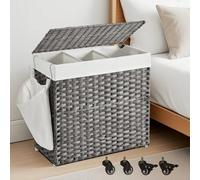 Songmics Laundry Hamper With Lid, 140 L, Rolling Laundry Basket With Wheels, 3-Section, Removable Liner, Bedroom