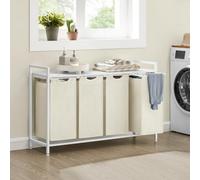 Songmics Laundry Organizer, 4-Compartment Basket, Pull-Out Removable Laundry Bags, Shelf, Metal Frame, Laundry Sorter, White
