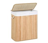 SONGMICS LCB071N02 Laundry Basket, 100 L Laundry Basket, Dirty Sorting Compartment, Bamboo Lid, Handles, Foldable, Removable Machine Washable Bag, for Laundry Room, Bedroom, Wood Colour