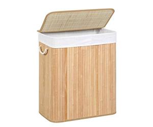 SONGMICS LCB071N02 Laundry Basket, 100 L Laundry Basket, Dirty Sorting Compartment, Bamboo Lid, Handles, Foldable, Removable Machine Washable Bag, for Laundry Room, Bedroom, Wood Colour