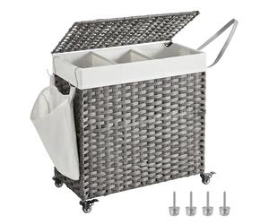 SONGMICS LCB363G01 Laundry Basket with Lid, 140L, Woven Dirty Laundry Basket with Wheels, 3 Compartments, Removable Inner Bag, for Laundry Room, Bedroom, 66 x 33 x 66 cm, Grey