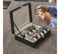 Songmics Leather Watch Case, Timepiece Storage Box With Glass Lid, Metal Clasp, Black Synthetic Leather, Greenish Beige Lining