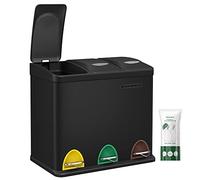SONGMICS LTB24BK Small Volume Kitchen Waste Sorting Bin with Lids, Triple Steel Bin for Small Families, Pedals and Buckets, Easy to Clean, Black, 3 x 8L