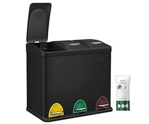 SONGMICS LTB24BK Small Volume Kitchen Waste Sorting Bin with Lids, Triple Steel Bin for Small Families, Pedals and Buckets, Easy to Clean, Black, 3 x 8L