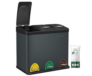 SONGMICS LTB24GS 3 x 8L Small Volume Kitchen Waste Bin with Lids Triple Steel Bin for Small Families Pedals and Buckets Easy to Clean, Greenish Grey and Black LTB24GS