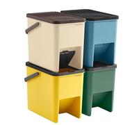 SONGMICS LTB760Q01 Kitchen Waste Disposal Basket, Set of 4 Stacking Trash Cans, 20L, Pressure Lids, Adhesives, Containers, Yellow, Blue, Beige and Green