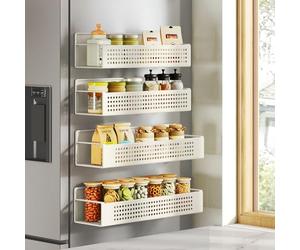 SONGMICS Magnetic Spice Racks, Set of 4, 2 Large and 2 Small Shelves, Spice Organisers, No Drilling Needed, Kitchen Shelf for Refrigerator, Microwave, Washing Machine, Cream White KCS061W01