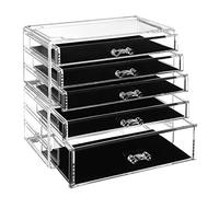 SONGMICS Makeup Organiser, 2-Piece Storage Boxes for Jewellery and Cosmetics, Stackable, with 5 Drawers, Transparent Polystyrene JMU32TP