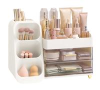 SONGMICS Makeup Organiser Storage,Cosmetics Organiser with Brush Holder | Vanity Organizer Countertop,Beauty Organiser Storage with Drawers for Dressing Table, Bathroom,Skincare Organiser, White