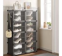 Songmics Medium Shoe Storage Cabinet, Modular Plastic Organizer, Interlocking Unit With Doors, Steel Frame, Black