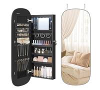 SONGMICS Mirror with Storage, LED Mirror Jewellery Cabinet Wall/Door Mounted, Lockable Rounded Wide Jewellery Organiser, 10 x 42 x 108 cm, Black Surface with Black Lining JJC026B01