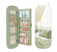 SONGMICS Mirror with Storage, LED Mirror Jewellery Cabinet Wall/Door Mounted, Lockable Rounded Wide Jewellery Organiser, 10 x 42 x 108 cm, Laurel Green Surface with Cream White Lining