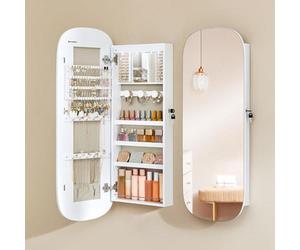 Songmics Mirror With Storage, Led Mirror Jewellery Cabinet Wall/door Mounted, Lockable Wide Mirror Cabinet, White & Greige Lining