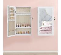 Songmics Mirrored Wall Jewellery Cabinet, Lockable Storage Organiser, Space-Efficient Design, White Surface, Greige Lining