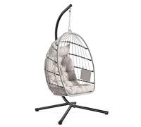 SONGMICS Outdoor Hanging Egg Chair, Foldable Removable Basket, Height-Adjustable Swing Chair, Side Pocket, Cushion, for Living Room, Garden, Balcony, White GDC050WZ02