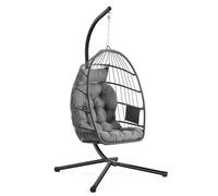 SONGMICS Outdoor Hanging Egg Chair, Foldable Removable Basket, Height-Adjustable Swing Chair, Side Pocket, Cushion, for Living Room, Garden, Balcony, Grey GDC050GZ02