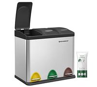 SONGMICS Pedal Bin, 3 x 8 L Small-Capacity Metal Rubbish Bin, Trash Bin for Kitchen, Waste Separation and Recycling, Includes 15 Bin Bags, Steel, for Small Families, Silver LTB24L