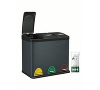 Songmics Pedal Bin, 3 X 8L Metal Rubbish Bin, Trash Bin, Waste Separation And Recycling, Includes 15 Bin Bags, Greenish-Grey