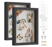 SONGMICS Picture Frames with 6 Mats, Set of 2 Shadow Boxes with 8 Wood Push Pins, Deep Multi Photo Frame, 4x6 or 4x4 Photos, 3 Non-Trace Nails, Ash Black RPF019B02