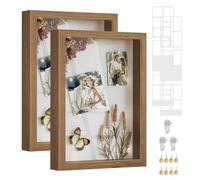 SONGMICS Picture Frames with 6 Mats, Set of 2 Shadow Boxes with 8 Wood Push Pins, Deep Multi Photo Frame, 4x6 or 4x4 Photos, 3 Non-Trace Nails, Teak Brown RPF019K02
