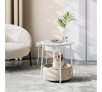 Songmics Power Station Side Table, Circular End Table With Outlets, Usb Charging, Fabric Storage, Matte White And Camel Brown