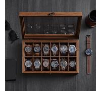 Songmics Premium Wooden 12-Watch Display, Dozen-Slot Organizer With Glass Viewing Panel, Rustic Walnut