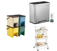 SONGMICS Recycling Bins for Kitchen, Set of 4 Stackable Trash Bins, 20L Each Kitchen Bin, 2 x 30L Stainless Steel Pedal Rubbish Bin with 15 Trash Bags