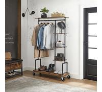 Songmics Rolling Clothes Rack, Garment Storage Stand With Metal Pipe Frame, Portable Wardrobe Organizer, Rustic Brown