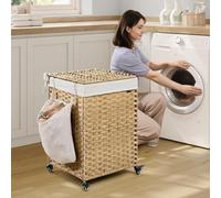 Songmics Rolling Laundry Hamper With Lid, Wheeled Synthetic Rattan Basket, Removable Liner, Bedroom Storage, Natural