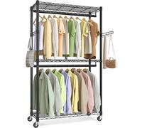 SONGMICS Rolling Portable Wardrobe, Heavy-Duty Metal Clothes Rack on Wheels, with Adjustable Shelves and Hanging Rails, Hooks, 40 x 90 x 199 cm, Ink Black LGR413B01