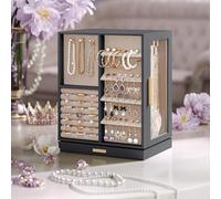 Songmics Rotating Jewellery Display Tower, Spinning Storage With Drawers, Glass Window Case, Great Gift, Slate Grey
