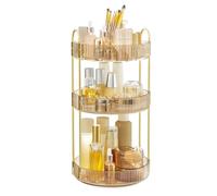 SONGMICS Makeup Organiser Rotating, 3-Tier Round Skincare Organiser, Customisable, Toiletries Cosmetics Organiser, Gift, Champagne Gold JKA011A01
