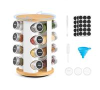 SONGMICS Rotating Spice Rack with 16 Glass Jars, Kitchen Organiser, Spice Carousel with Labels, Funnel, Marker and Brush, Matte White and Light Bamboo KCS256W101