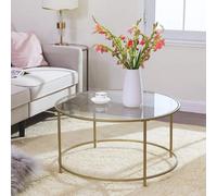Songmics Round Coffee Table, Glass Table With Golden Iron Frame, Living Room Table, Sofa Table, Robust Tempered Glass, Stable