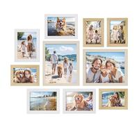 SONGMICS Set of 10 Picture Frames, Two 20 x 25 cm (8 x 10 Inches), Four 13 x 18 cm (5 x 7 Inches), Four 10 x 15 cm (4 x 6 Inches), Plastic Front, MDF, Natural Oak, Cloud White, Natural Beige RPF310K02