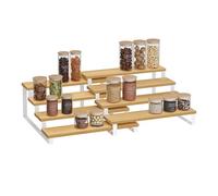 SONGMICS Set of 2 Spice Rack, Bamboo and Steel, 4 Shelves Each | Standing Kitchen Organiser, Extendable, Stackable, For Pantry, Worktop, Light Bamboo-Matte White, BYSTRO Collection KCS216N02