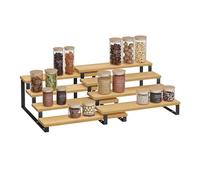 SONGMICS Set of 2 Spice Rack, Cabinet Shelf Organisers, 4 Shelves Each | 4-Tier Extendable Spice Holder, Bamboo and Steel, Stackable, for Pantry, Cupboard, Light Bamboo and Matte White KCS216N01
