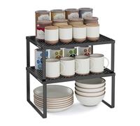 SONGMICS Spice Racks, Set of 4 Cupboard Organisers, Kitchen Storage, Stackable, Expandable, Metal Counter Shelves, Ink Black KCS006B01