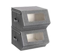 SONGMICS Set of 2 Stackable Storage Bins with Transparent Windows, Magnetic Lid and Side Handles, for Toys, Clothes, Gray and Beige RPLB02G