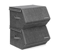 SONGMICS Set of 2 Storage Boxes with Lids, Stackable Wardrobe Storage Organisers, Storage Bins with Magnetic Closures, Fabric Storage Unit, Metal Frame, for Clothes Books, Dark Grey RYLB02G