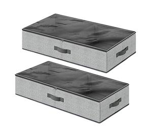 SONGMICS Set of 2 Under Bed Storage, Foldable Underbed Storage Bags with Zips and Clear Window, Non-Woven Fabric Bedroom Storage Boxes, 82 x 40 x 15 cm, for Blankets, Bedding, Grey RUB002G01