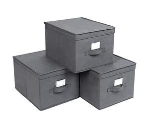 SONGMICS Set of 3 Foldable Storage Boxes with Lids, Fabric Cubes with Label Holders, Storage Bins Organiser, 40 x 30 x 25 cm, Grey RFB03G