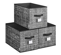 SONGMICS Set of 3 Folding Storage Boxes 50 x 30 x 30 cm | Tina ROB450B01 Fabric Boxes 2 Handles Label for Wardrobe Bedroom Living Room Ink Black