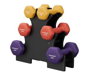 SONGMICS Set of 6 Dumbbells with Storage Stand, Hand Weights with Neoprene Coating, Hexagonal Dumbbells, 1 kg, 1.5 kg, 2 kg, Home Workout, Fitness, Yellow, Orange, and Purple SYL69BK