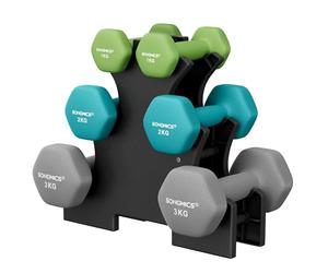 SONGMICS Set of 6 Dumbbells with Storage Stand, Hand Weights with Neoprene Coating, Hexagonal Dumbbells, 1 kg, 2 kg, 3 kg, Home Workout, Fitness, Bright Green, Turquoise, and Light Grey SYL612GN