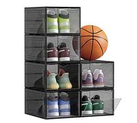 SONGMICS Shoe Boxes, Pack of 6, Organizers with Door, Plastic Shoe Storage, Stackable, Easy Assembly, 27 x 34.5 x 19 cm, Up to UK 10, Black LSP032B06
