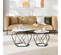 Songmics Set Of Two Modern Side Tables, Round Coffee Tables, Steel Frame, Detachable Tops, Marble White And Ink Black