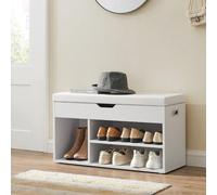 Songmics Shoe Bench With Cushion, Storage Bench With Padded Seat, 3 Compartments, Hidden Storage, Shelves, Room Hallway, White