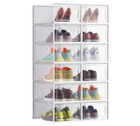 SONGMICS Shoe Boxes, Pack of 12 Stackable Shoe Storage Organisers, Foldable and Versatile for Sneakers, Fit up to UK Size 9.5, Transparent and White