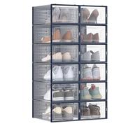 SONGMICS Shoe Boxes, Pack of 12 Stackable Shoe Storage Organisers, Foldable and Versatile for Sneakers, Fit up to UK Size 11, Transparent and Charcoal Blue LSP12SB30